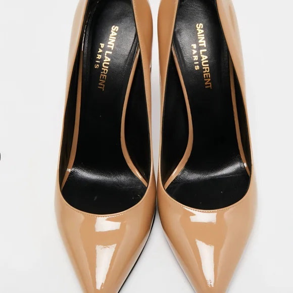 Saint Laurent Beige Patent Leather Pointed-Toe Pumps - Picture 2 of 6